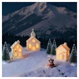 Peninpha 7PCS Christmas Village Sets - 3 LED Lighted Ceramic White Houses with 4 Decorative Christmas Trees Remote Control Led Candles for Xmas Home Tabletop Mantel Shelf Decor