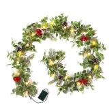 CENMORISE 6FT Cedar Garland Christmas with Pinecone Red Berry,Eucalyptus Garland Battery Operated with Timer,Prelit Garlands for Mantle Winter Holiday Fireplace Stair
