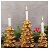 Sliner 3 Pcs Christmas Gold Pine Tree Candle Holders Vintage Taper Decorative Candlestick 8.7\" 6.5\" 4.5\" Height Fits 0.8\" Candle for Christmas Holiday Candles Stand Table Centerpiece Dining Decor