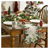 Artoid Mode Holly Pine Cone Christmas Table Runner, Seasonal Winter Kitchen Dining Table Decoration for Home Party Decor 13x72 Inch