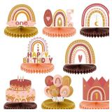 8 Pcs 1st Rainbow Party Decorations Rainbow Centerpieces for Tables Muted Rainbow Party Decor Birthday Table Centerpiece Honeycomb Paper Centerpiece for Birthday Baby Shower Supplies