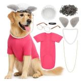 Talltalk 7 Pcs Wolf Grandma for Dogs Halloween Old Lady Costume Dogs Set with Cardigan Wig Glasses Necklace Hat for Halloween Dog Party Cosplay Dress up Outfit