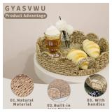 GYASVWU Seagrass Scalloped Tray with Handles,Round Rattan Serving Trays for Coffee Table,Woven Tray for Ottoman Decorative and Organizer Trays (Seagrass)