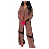 kaimimei Casual 2 Piece Outfit for Women - Linen Long Sleeve Button Down Shirt + Flare Pleated Wide Leg Pants Sets Streetwear