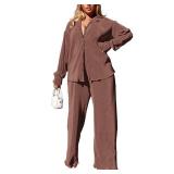kaimimei Casual 2 Piece Outfit for Women - Linen Long Sleeve Button Down Shirt + Flare Pleated Wide Leg Pants Sets Streetwear
