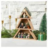 AceOrbit 3 Tier Wooden Christmas Tree Display Shelf Christmas Tree Shaped DIY Ladder Shelves for Winter Xmas Decoration Centerpiece Home Living Room Bedroom Decor