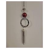 Long Chain Silver Tassel Necklace with Red Pearl