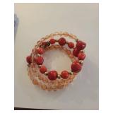 Red Coral and Pink Crystal Beaded Bracelet