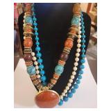 Multi-Strand Turquoise and Pearl Necklace with Carnelian Pendant