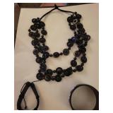Black Floral Bangle and Beaded Necklace Set