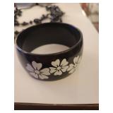 Black Floral Bangle and Beaded Necklace Set