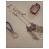 Jewelry Set - Boho Crystal Necklace, Purple Keychain & Bracelet