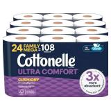 Cottonelle Ultra Comfort Toilet Paper with Cushiony CleaningRipples Texture, Strong Bath Tissue, 24 Family Mega Rolls = 108 Regular Rolls (4 Packs of 6)