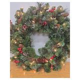 National Tree Company Pre-Lit Artificial Christmas Wreath Green Crestwood® Spruce Clear Lights  Decorated with Pine Cones  Berry Clusters  24 Inches