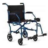 Medline Ultra Lightweight Transport Wheelchair for Adults, Foldable, 19-Inch Seat Width, Blue Frame, Black Upholstery - Retail: $131