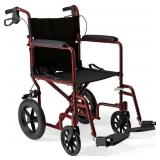 Medline Lightweight Foldable Transport Wheelchair with Handbrakes and 12-Inch Wheels  Red Frame  Black Upholstery - Retail: $129