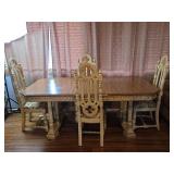 Oak Dining Table Set with (4)Ornate Chairs (located upstairs)