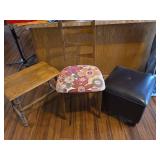 Mid-Century Floral Upholstered Ladder Back Chair, Side Table, and Faux Leather Square Ottoman