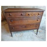 Antique Oak Three-Drawer Chest with Turned Legs on Metal Wheels, Dovetail Joinery, 40 Wide x 20 Deep x 35.5 Tall