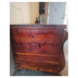 Red Cedar Storage Chest with Wooden Runners, 48 wide x 27 deep x 27 tall. Missing One Runner on Back and One Piece Front Corbel