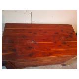 Red Cedar Storage Chest with Wooden Runners, 48 wide x 27 deep x 27 tall. Missing One Runner on Back and One Piece Front Corbel