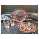 Depression Era Pink Glass Set with Character Glasses