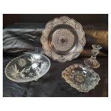 Vintage Precut Glass Plate, Bowl, Trinket Dish and Candleholder
