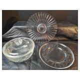 Clear Glass Scalloped Serving Platter with Starburst Design, Clear Glass Platter with Medallions and  Clear Glass Casserole Dish with Lid