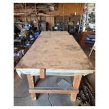 8ft x 42in x 36in Large Wooden Workshop Table with Storage Shelf and Steel Top