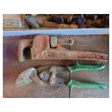 Pipe Wrench, Tin Snips, Pulleys, and Assorted Hardware