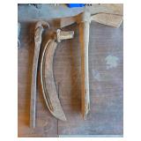 Hand Scythe Blade, Large Wrench, and Pick Axe