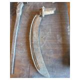 Hand Scythe Blade, Large Wrench, and Pick Axe