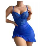 Foxiny Sexy Corset Bodycon Ruffle Sheer Underwire Mesh Lace Floral Outfits Babydoll Lingerie Set Dress with Thong 2 Piece Women Push Up Negligee Nighty Gown Blue Medium