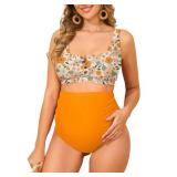 Zando Maternity Swimsuit Two Piece High Waist Button Down Maternity Swimwear Pregnancy Bathing Suits Maternity Swimsuits for Women Cross Orange Bikini Set XL