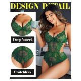 Avidlove Women Sexy Lingerie Bodysuit Deep V Lace Teddy Lingeries One Piece Babydoll (Green,L)