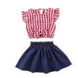 Kig Big Girls Red Plaid Outfits Ruffled Sleeve Crop Top Shirts with Bowknot+ Tutu Denim Skirt Dress Tow Piece Clothes (Plaid,8-9 Years)