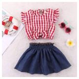 Kig Big Girls Red Plaid Outfits Ruffled Sleeve Crop Top Shirts with Bowknot+ Tutu Denim Skirt Dress Tow Piece Clothes (Plaid,8-9 Years)