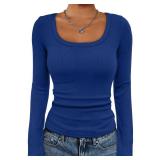 ATHMILE Womens Long Sleeve Scoop Neck Ribbed Knit Fitted Casual Tops Tee Fall Slim Basic Shirts Small