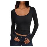Trendy Queen Womens Long Sleeve T Shirts 2025 Fall Workout Square Neck Going Out Tops Cute Basic Tee Y2k Fitted Clothes Black M