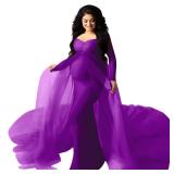 Women Ruched V Neck Long Sleeve Tulle Maternity Dress Chiffon Elegant Fitted Photography Gown Slim Fit Floor Length Flowy Wedding Beach Pregnancy Maxi Dress for Baby Shower Photo Shoot Purple 2XL