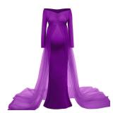 Women Ruched V Neck Long Sleeve Tulle Maternity Dress Chiffon Elegant Fitted Photography Gown Slim Fit Floor Length Flowy Wedding Beach Pregnancy Maxi Dress for Baby Shower Photo Shoot Purple 2XL