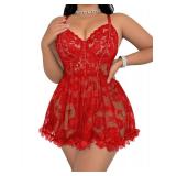 Mixxmix Red Lingerie for Women Plus Size Lace Chemise Mesh Sleepwear Strappy Sexy Nightgown Boudoir Outfit Red XL