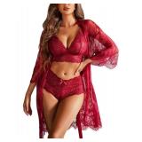 Avidlove Women Sexy Lingerie Set 3 Piece Bra and Panty Lace Kimono Robe Sleepwear Mesh Nightgown Wine Red Large