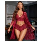Avidlove Women Sexy Lingerie Set 3 Piece Bra and Panty Lace Kimono Robe Sleepwear Mesh Nightgown Wine Red Large