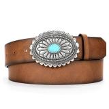 XZQTIVE Women Western Leather Belt Vintage Country Belts For Cowgirl Jeans Dresses Ladies Concho Belt With Turquoise Buckle