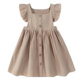 USKIDKK Toddler Girl Dress Kids Sleeveless Ruffle Cotton Linen Dresses Button Beach Summer Outfits Casual Party Dresses Khaki,12-24 Months