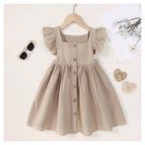 USKIDKK Toddler Girl Dress Kids Sleeveless Ruffle Cotton Linen Dresses Button Beach Summer Outfits Casual Party Dresses Khaki,12-24 Months