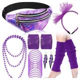 Handepo 19 Pcs 80s Costume Accessories Holographic Fanny Pack Leg Warmers Lace Headband Earrings Gloves Necklace Bracelet (Purple)