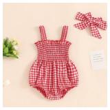 FOMOYUU Newborn Baby Girl Romper Summer Sleeveless Smocked Cotton Linen Clothes Outfit with Headband (Red Plaid, 6-12 Months)