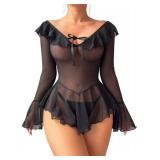 Neohouny Women See Through Lingerie Long Sleeve Rave Outfits Festival Clubwear Ruffle Bell Sleeve Tops Black S